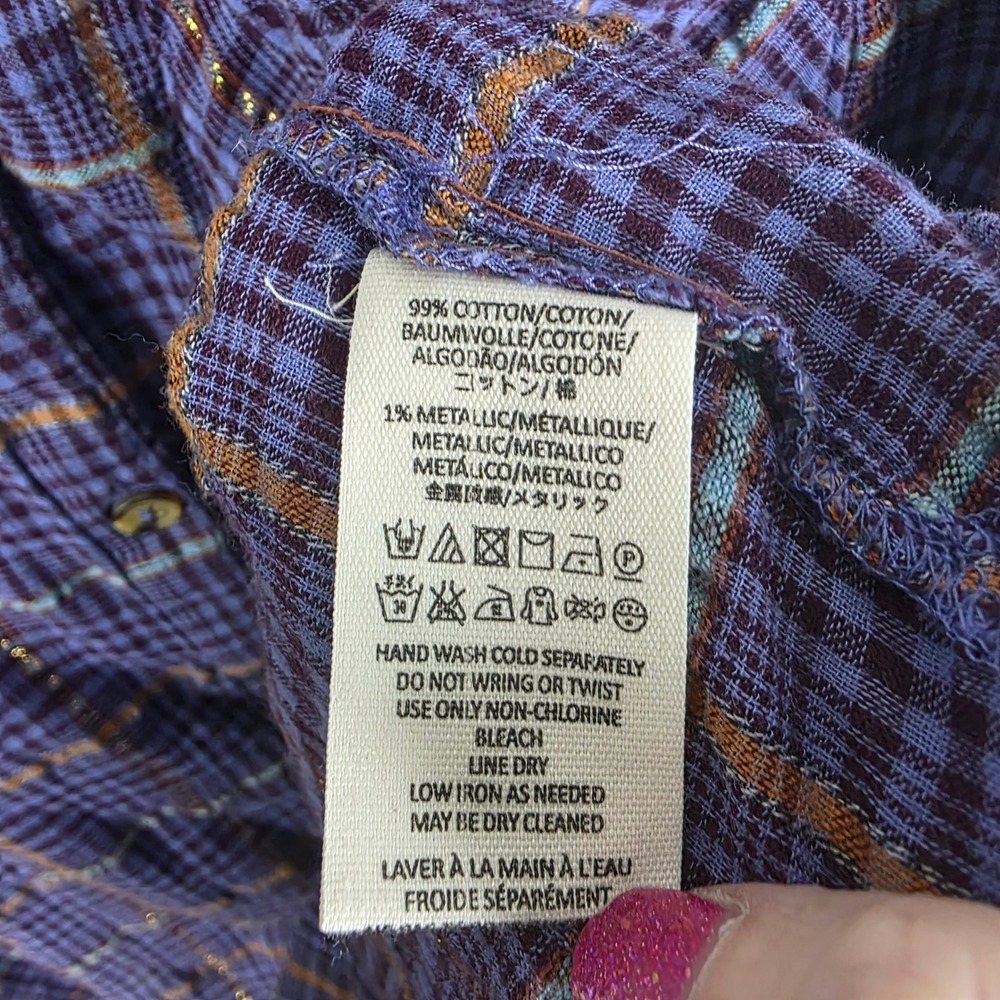 Free People Purple Plaid Metallic Button Down Shirt Oversized Large OB1029279 - Picture 5 of 7